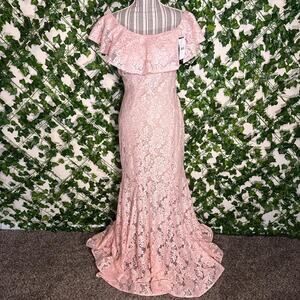 New xscape pink lace off the shoulder gown